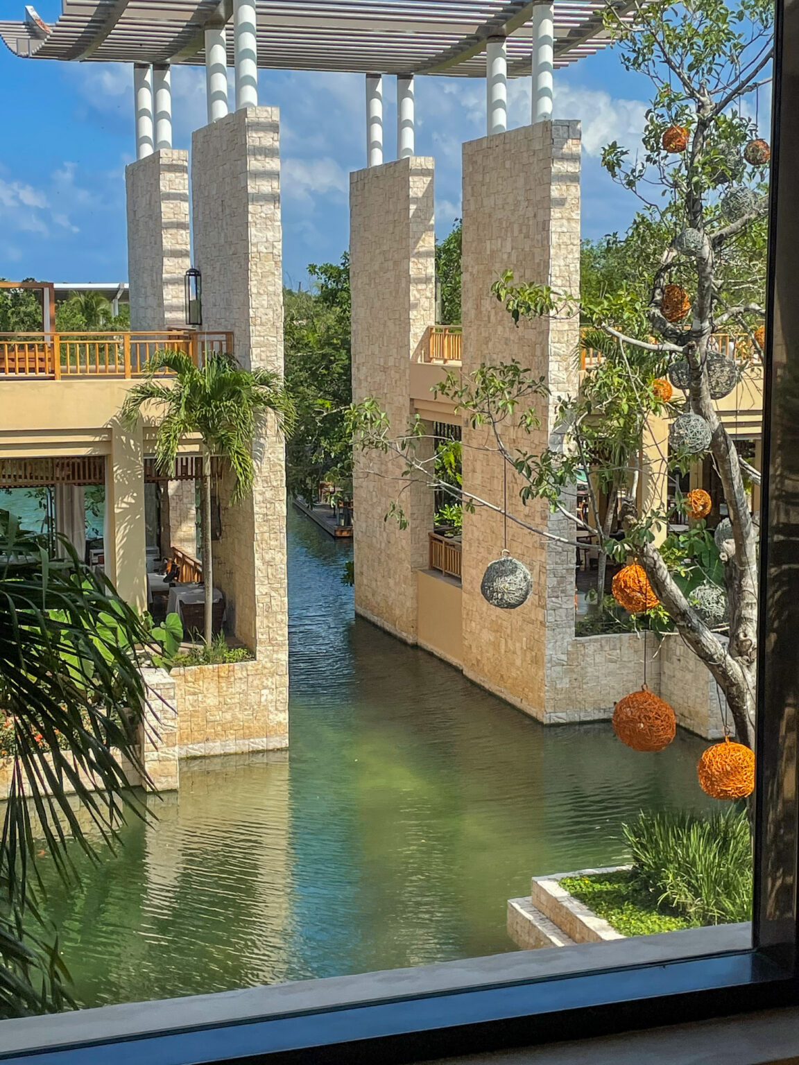 Canals running between the villa buildings at Banyan Tree Mayakoba