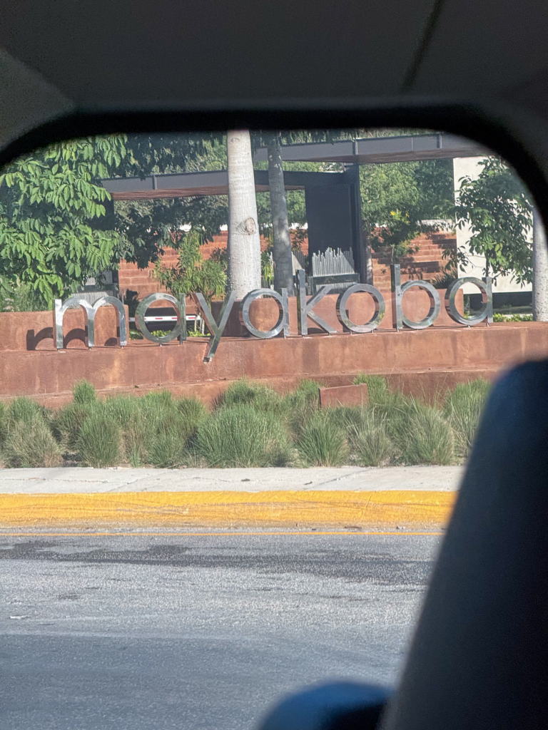 Polished metal letters spelling mayakoba on a low stone wall beside the highway, seen through a car window