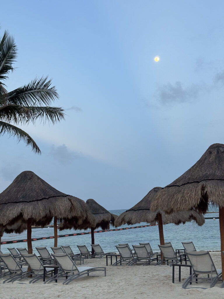 Palapas and rows of loungers on the beach at dusk with the moon over the Caribbean