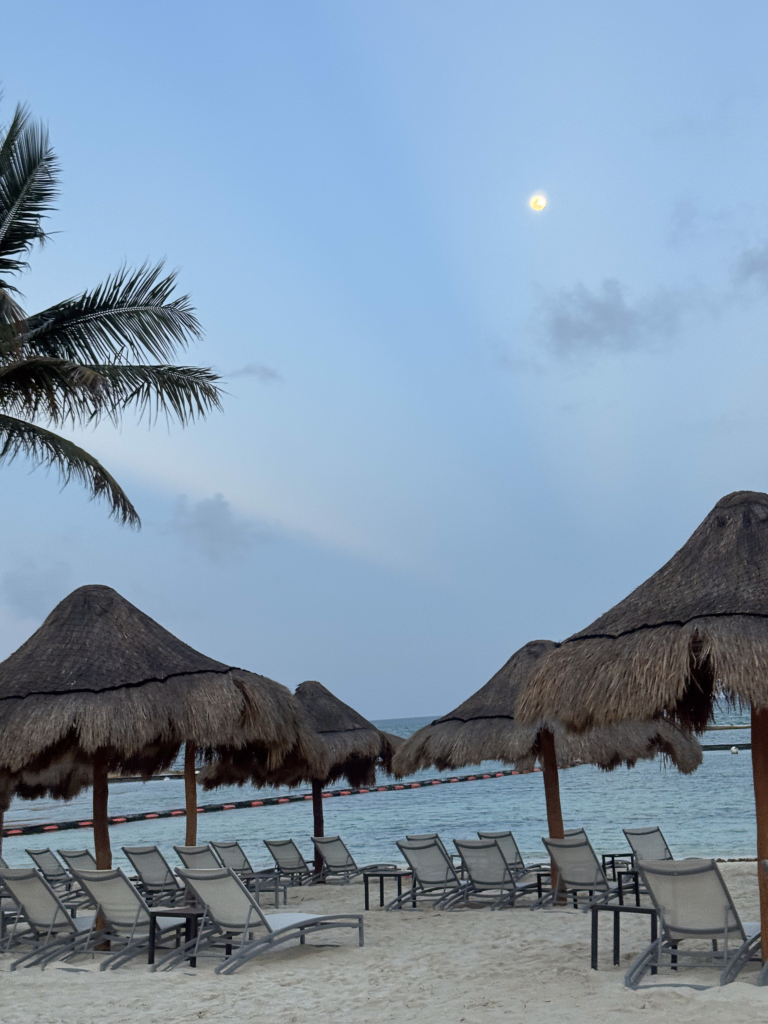 Palapas and rows of loungers on the beach at dusk with the moon over the Caribbean