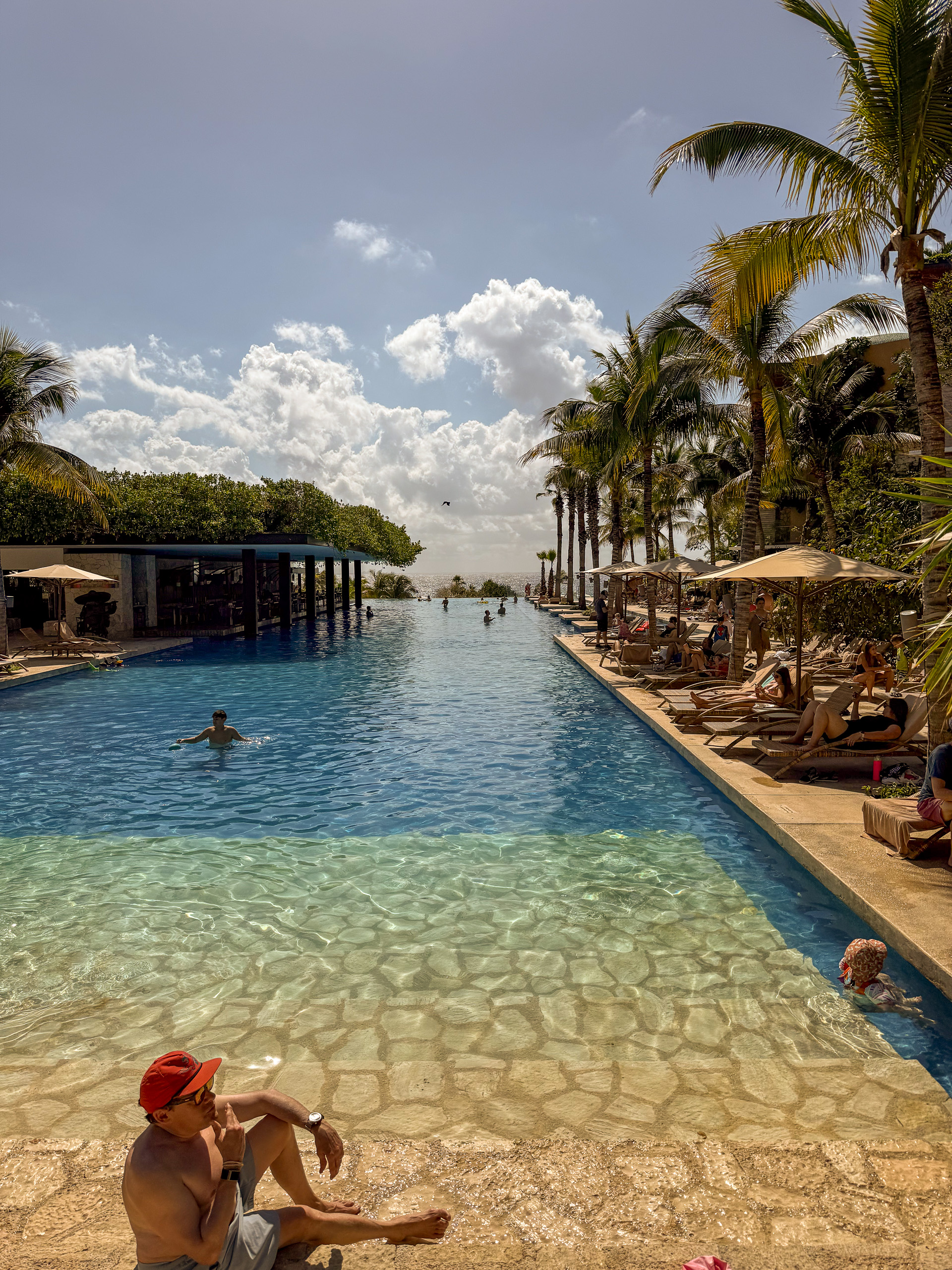 The long lagoon-edge pool at Mayakoba, palms along one side