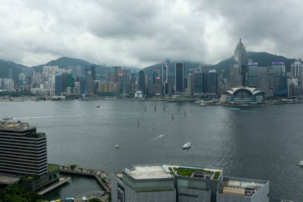 A fleet of small sailing dinghies racing across the harbour with the Wan Chai skyline behind