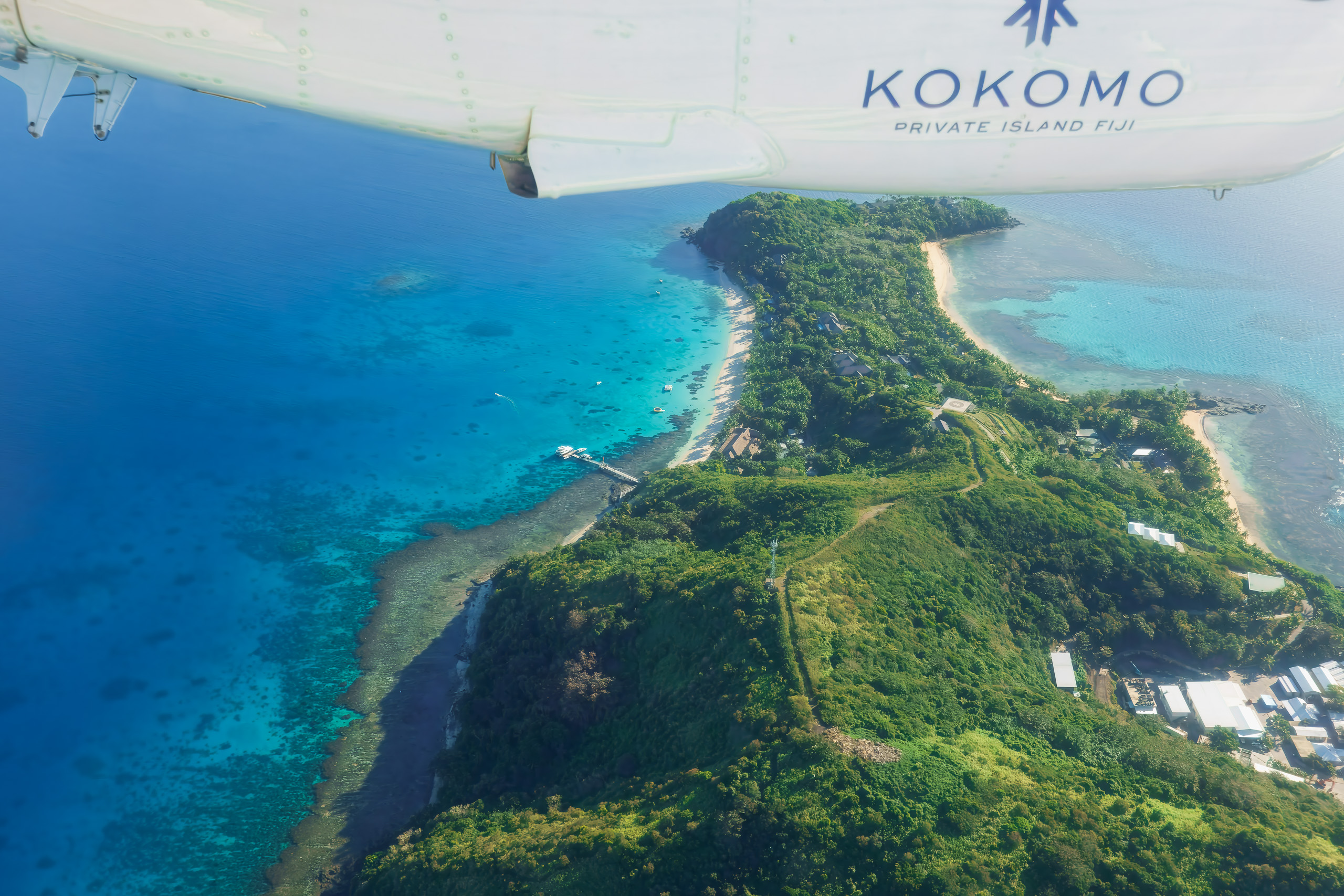 Aerial view of Kadavu from a seaplane window, Fiji