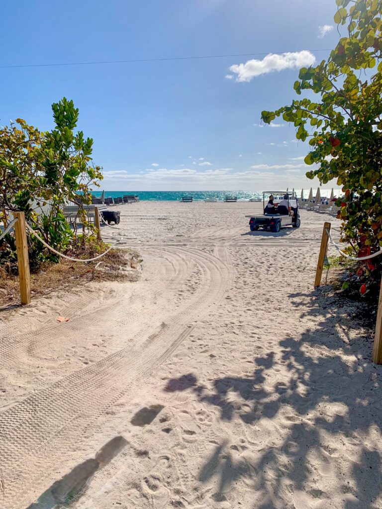 Sandy path through sea grape hedges opening onto the beach, a service cart parked by the loungers at the shoreline