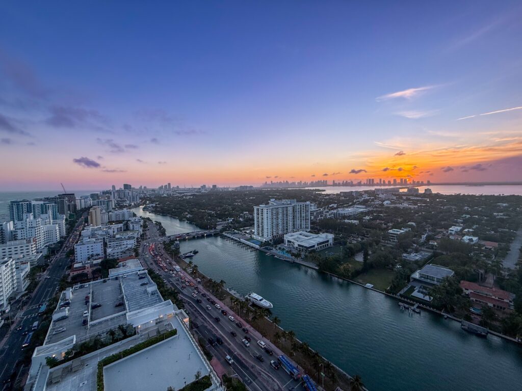 Twilight over the Miami Beach rooftops and Indian Creek with the city skyline on the horizon