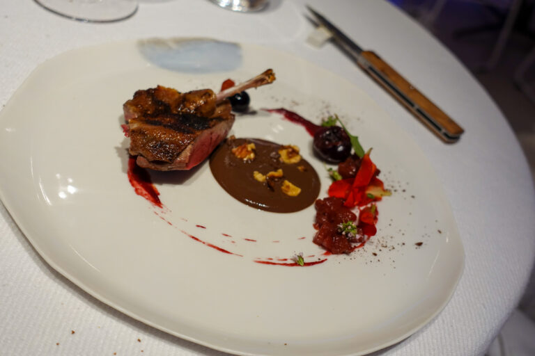 A small roasted leg and breast on a smear of dark sauce, with berries and beetroot scattered across the plate