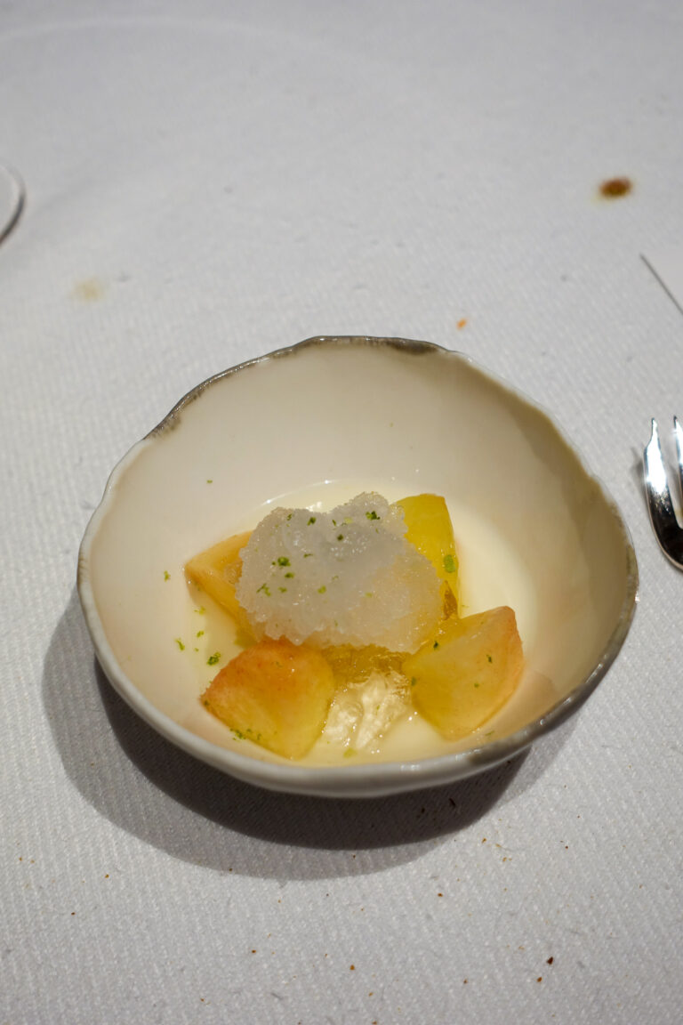 A pale set cream under a crown of granita with cubes of fruit, in a silver-rimmed bowl