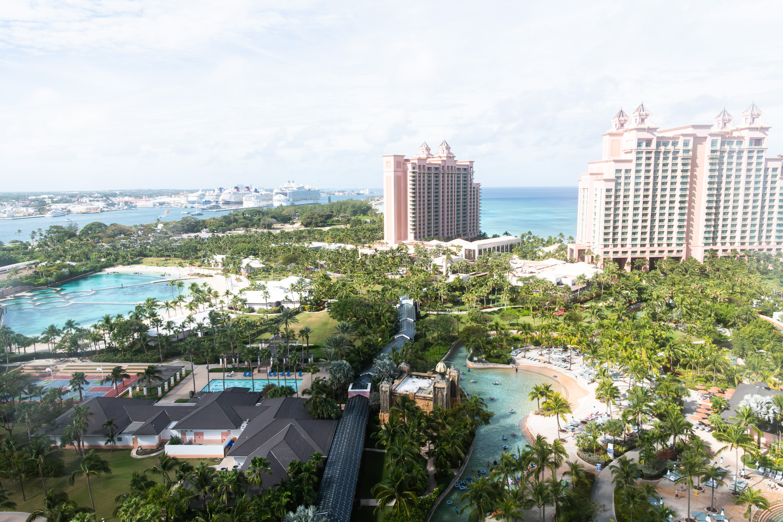 The Royal Towers with Nassau harbour behind them, cruise ships in port