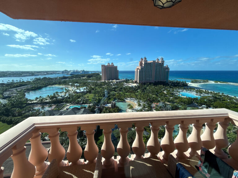The Royal Towers through the balustrade at the end of the corridor