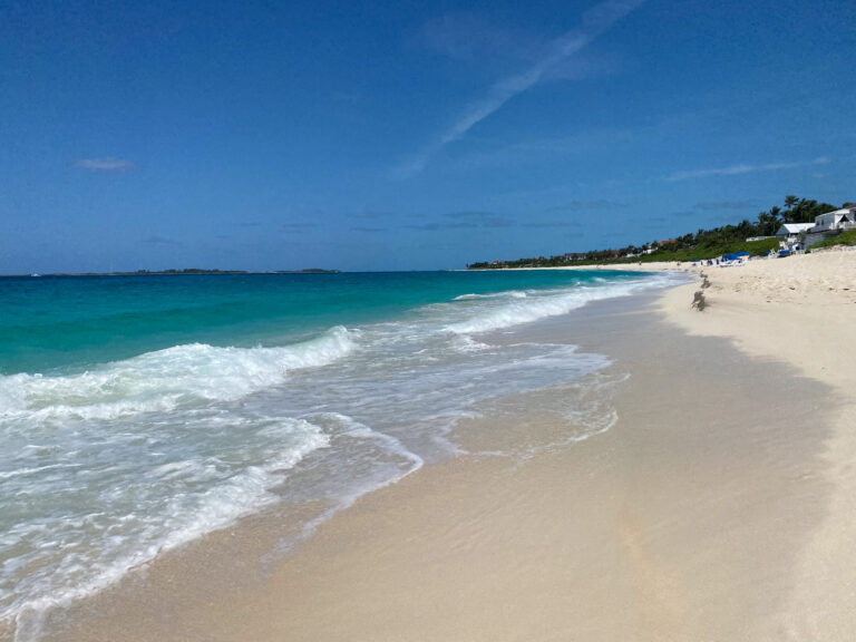 The shoreline at midday, surf folding onto the sand