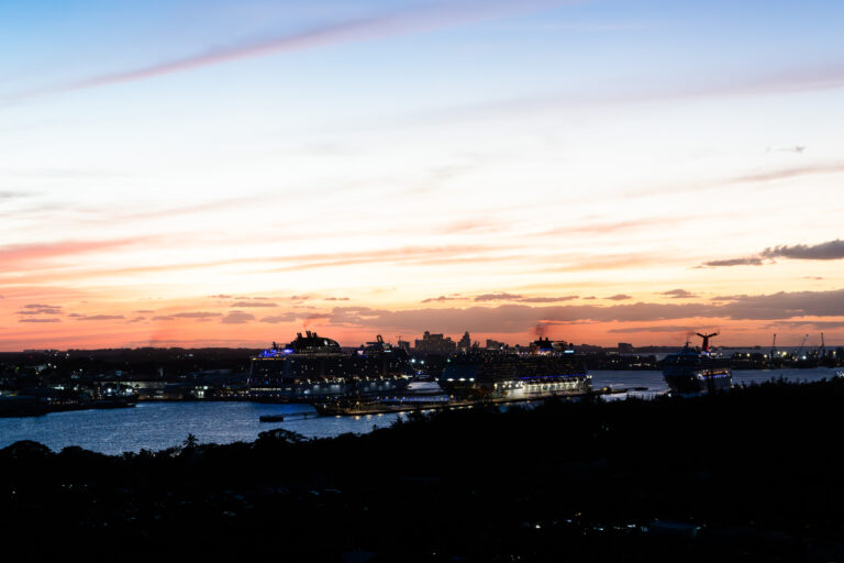 The Royal Towers in silhouette against the last orange of the day