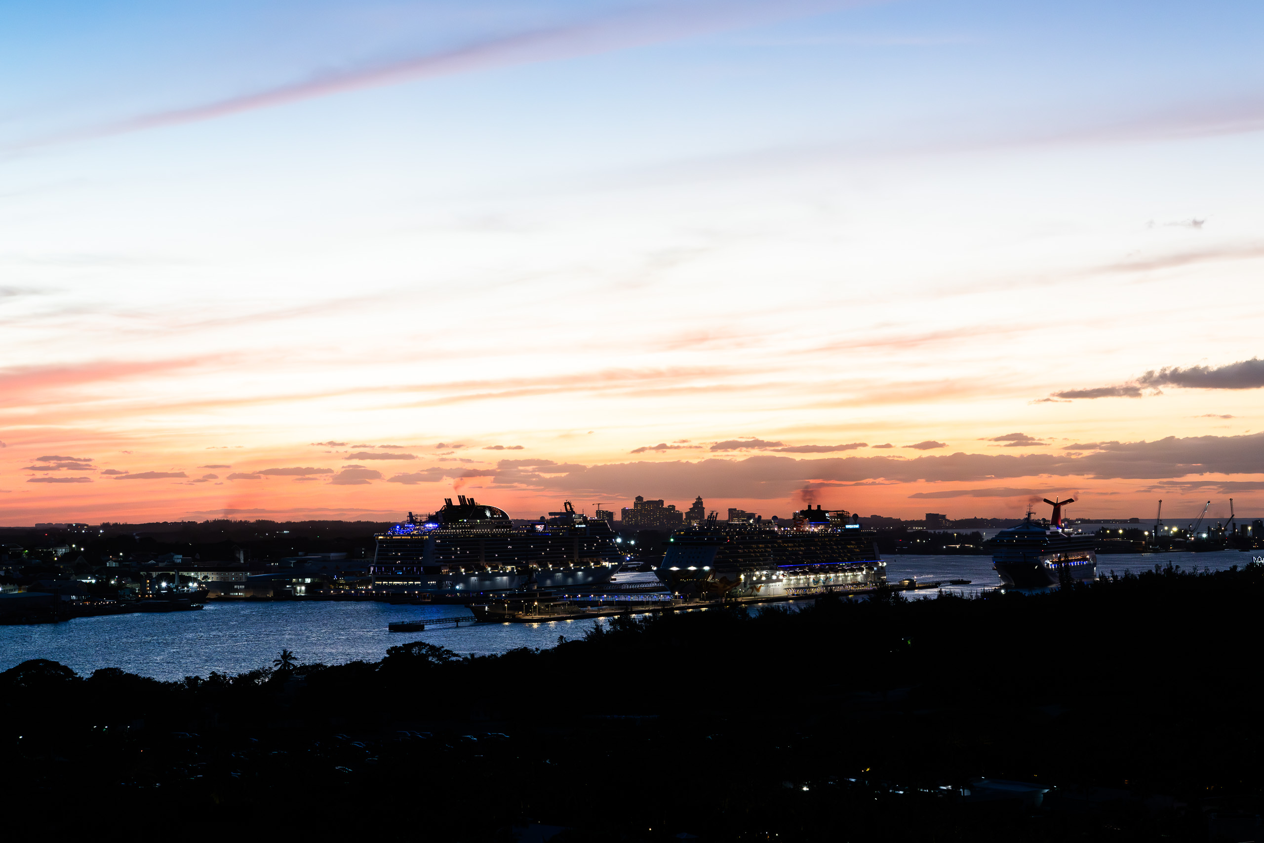 The Royal Towers in silhouette against the last orange of the day