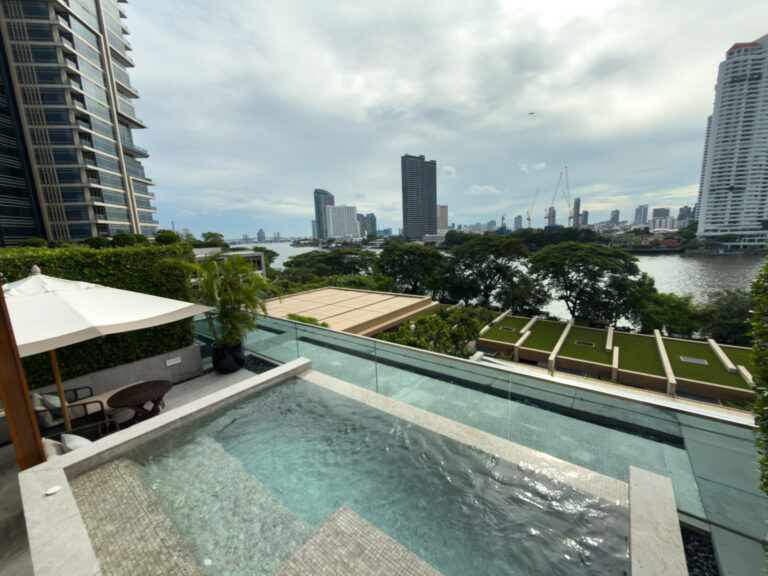 The pool on the terrace looking out over the river and the towers beyond