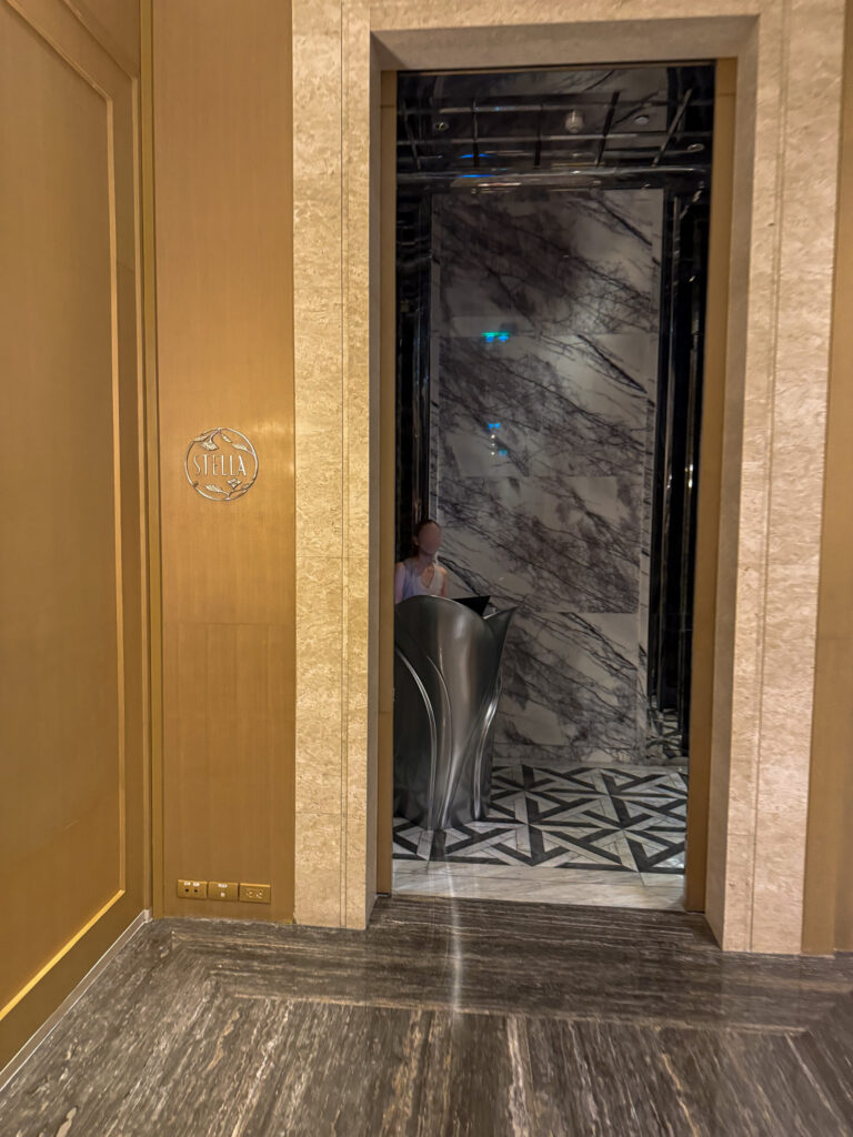A marble doorway with a figure beyond, patterned floor running through