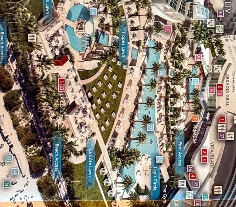 A detail of the printed resort map, the pool complex between the towers and the beach