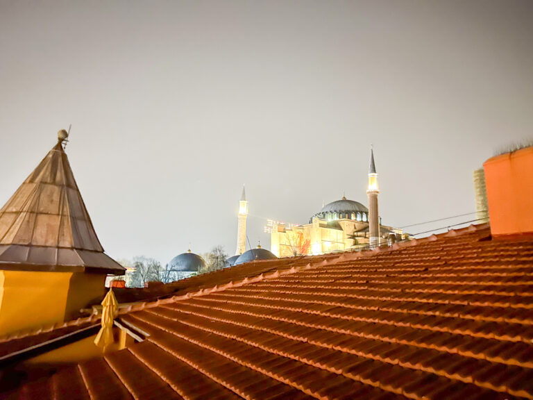 Close-packed roof tiles in the foreground, the mosque rising through a warm dusk beyond them