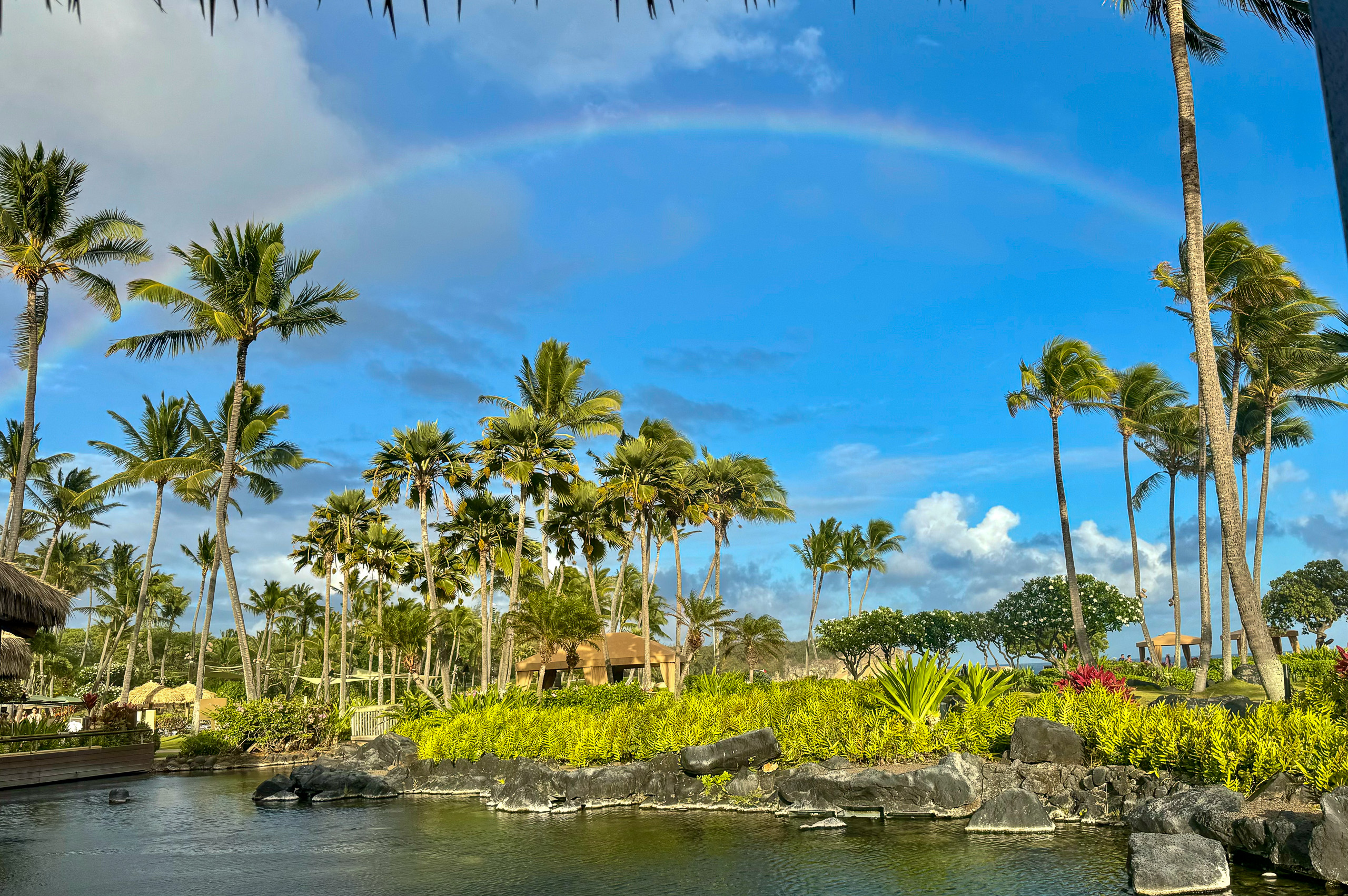 A full rainbow arcing over the palms and the lagoon, the grounds and the sea beyond