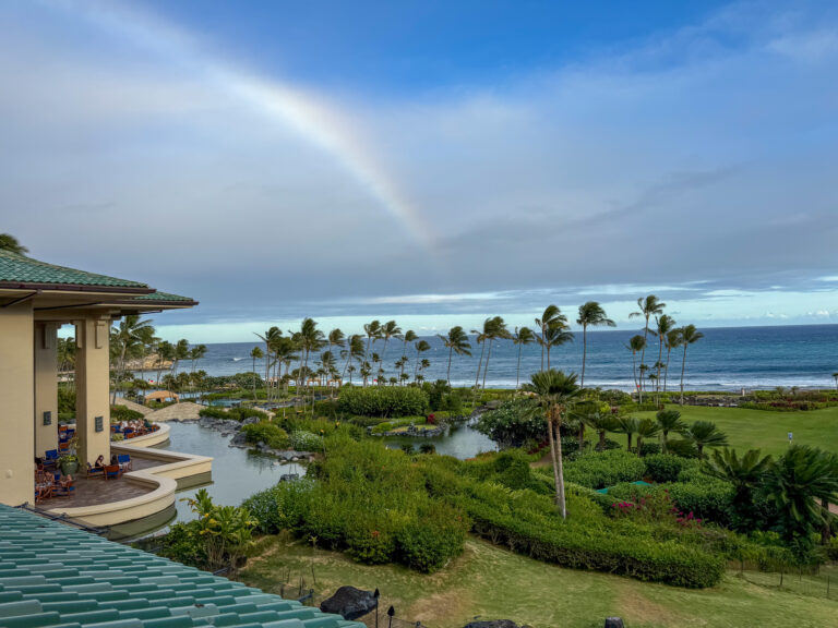 A full rainbow across the lawns and the lagoon, out to the sea