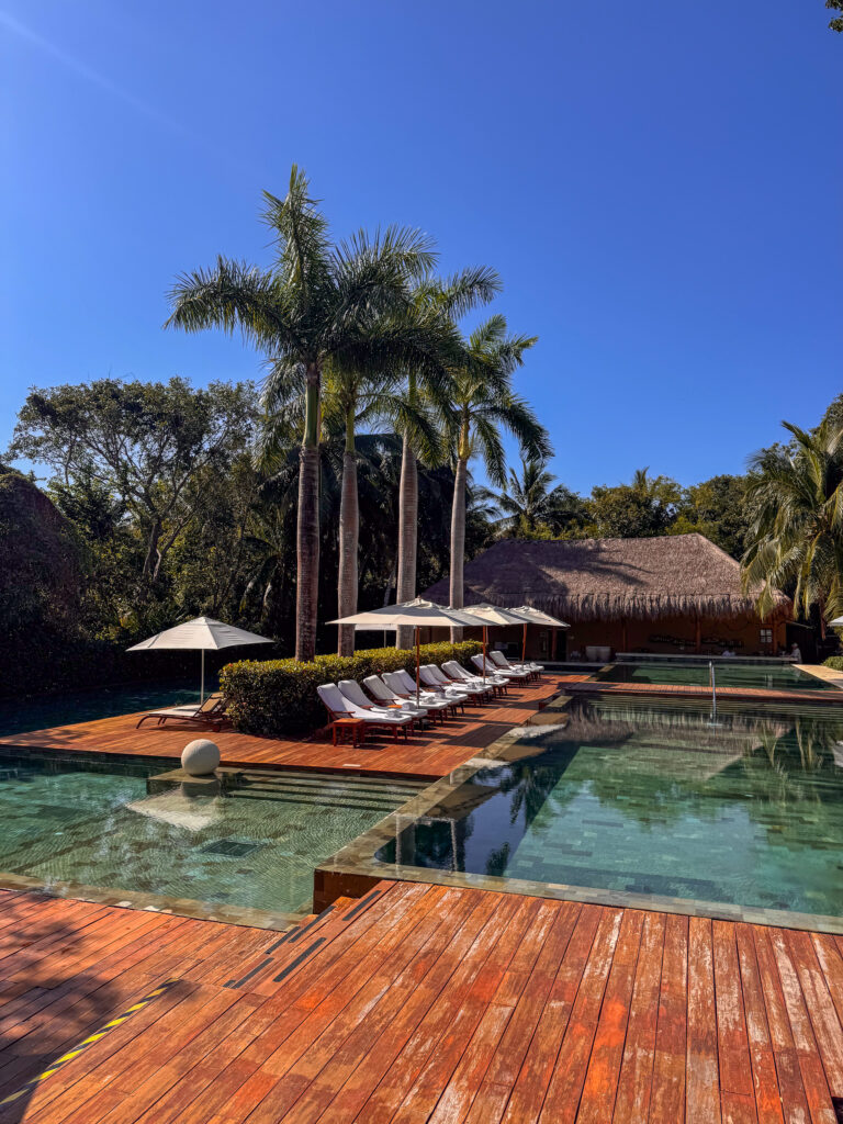 Two stepped green-tiled pools on hardwood decking below royal palms and a thatched palapa roof