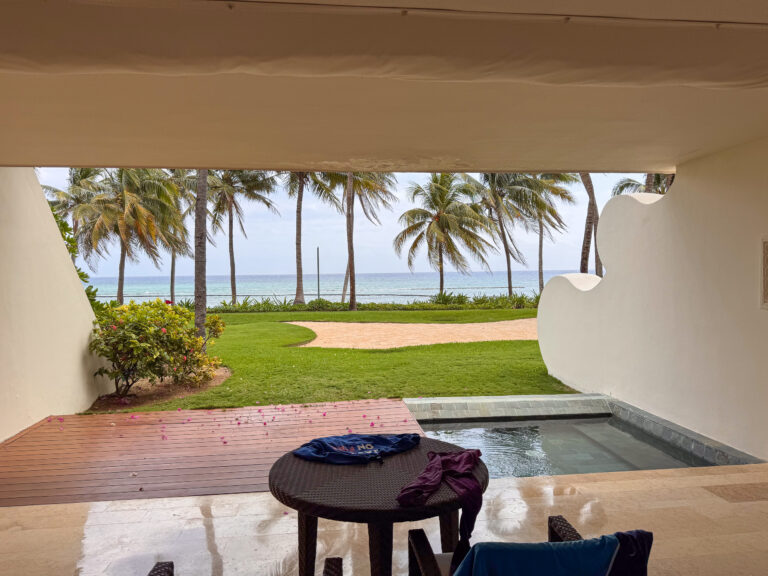 The covered terrace and plunge pool looking out