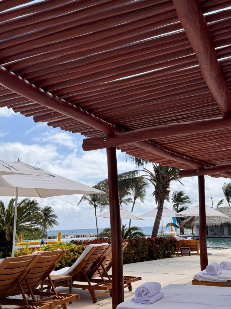 The covered terrace and loungers facing the beach