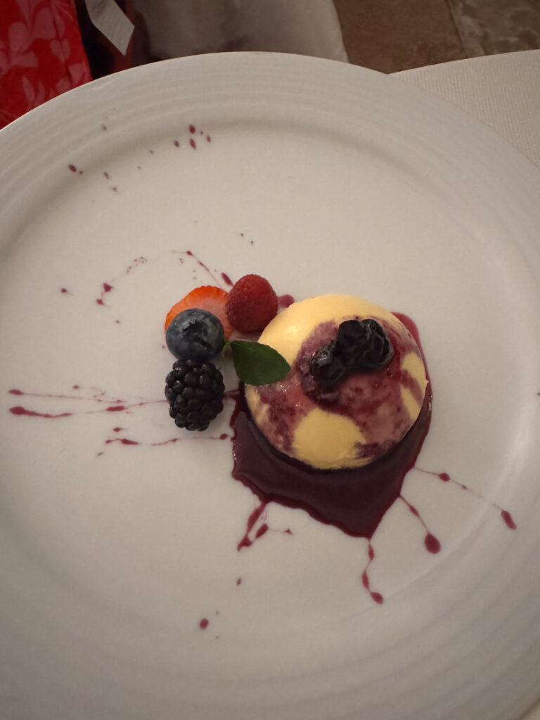 Ice cream quenelle over dark berry coulis with fresh berries and mint on white