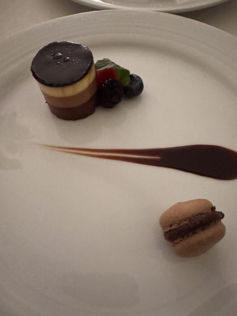 Layered chocolate and vanilla mousse cake with berries and a chocolate macaron on white