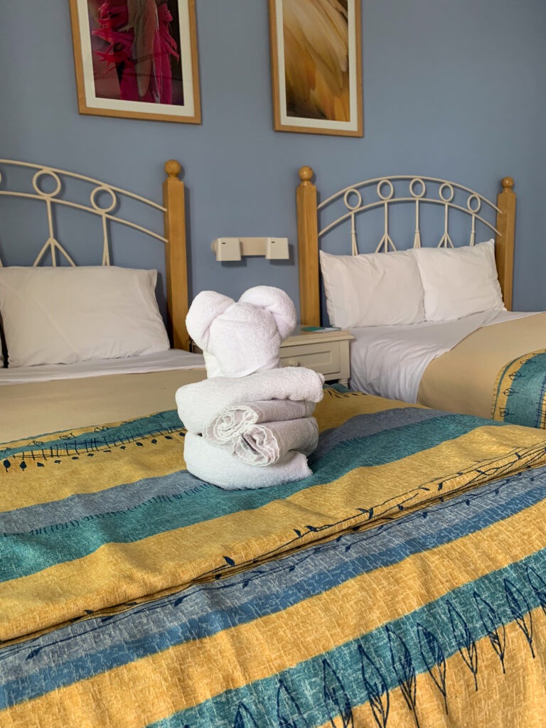 Towels folded into a swan on a bed made up in blue and yellow