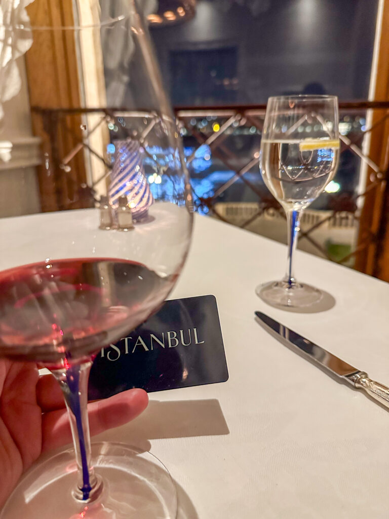 A glass of red at the window table, the strait beyond the leaded glass