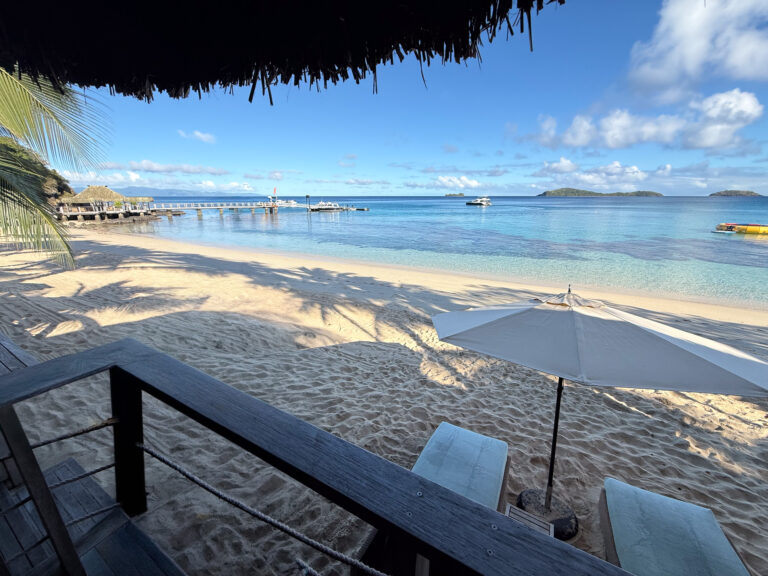 The beach and the water from under the thatch