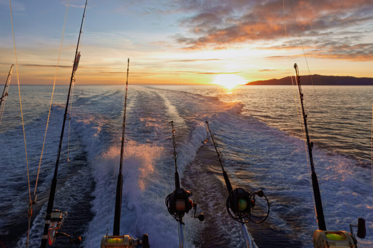 Rods and reels silhouetted against the sunrise over the wake