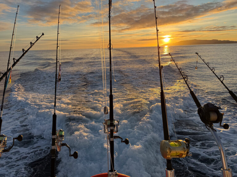Rods bent to the wake as the sun clears the island