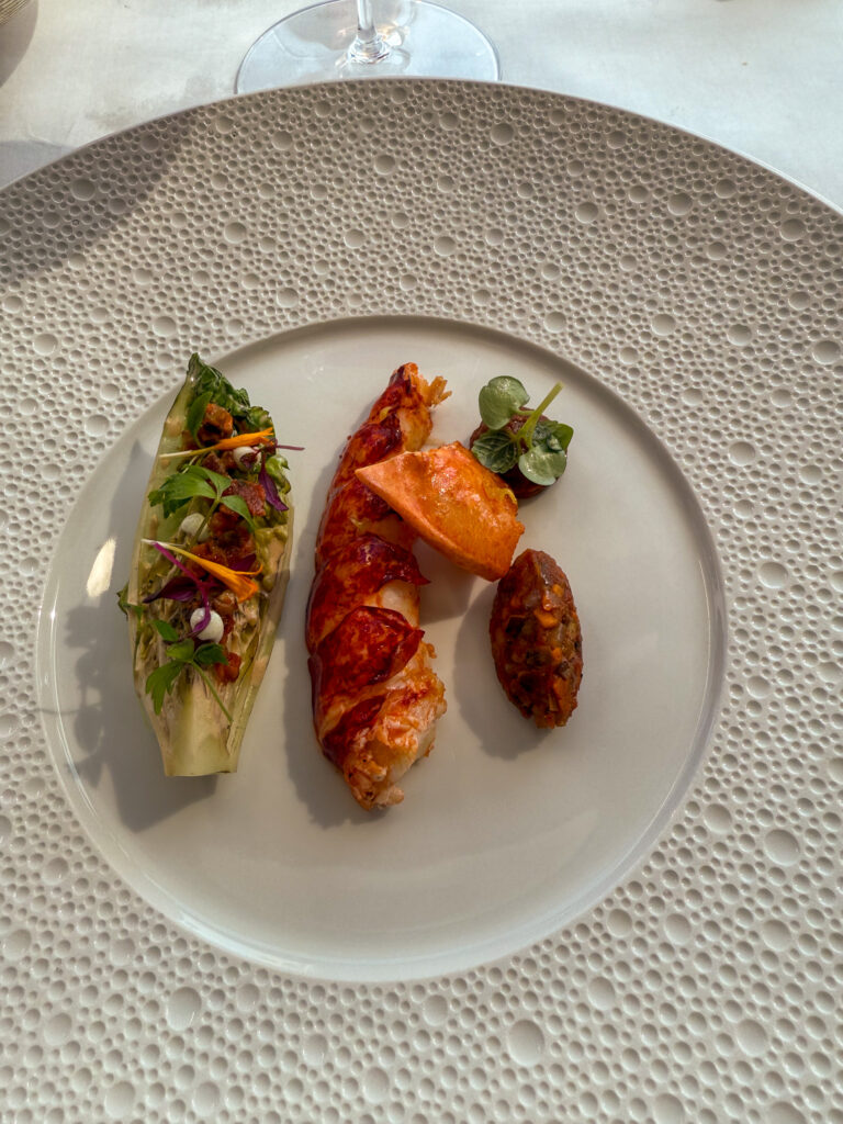 A dimpled white plate with a red-glazed langoustine tail, a chicory boat filled with dressed leaves and shredded vegetables, and a dark croquette