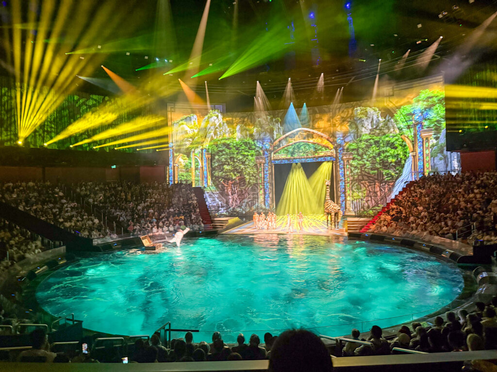 The flooded round stage lit gold and green with the audience ringed around it