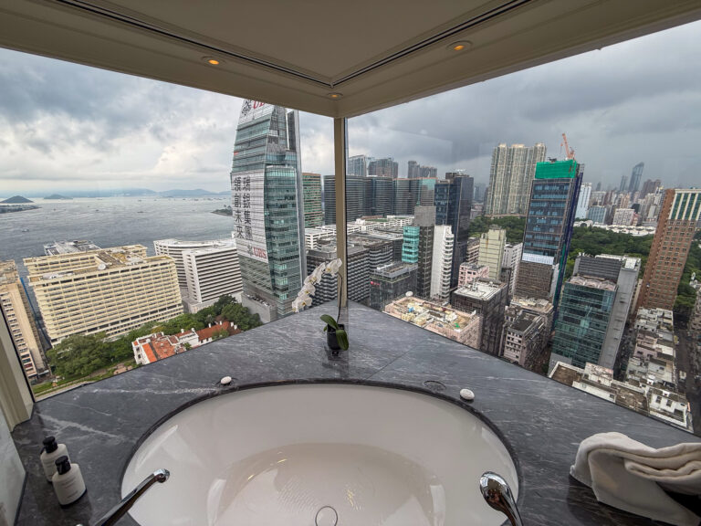 The tub in the window with the towers and the water beyond