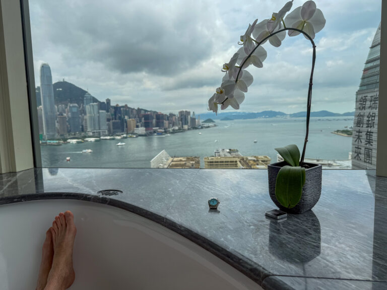 A foot resting on the edge of the tub, the harbour framed beyond an orchid