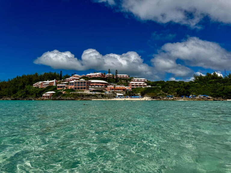 The buildings along the bluff, seen from out in the bay