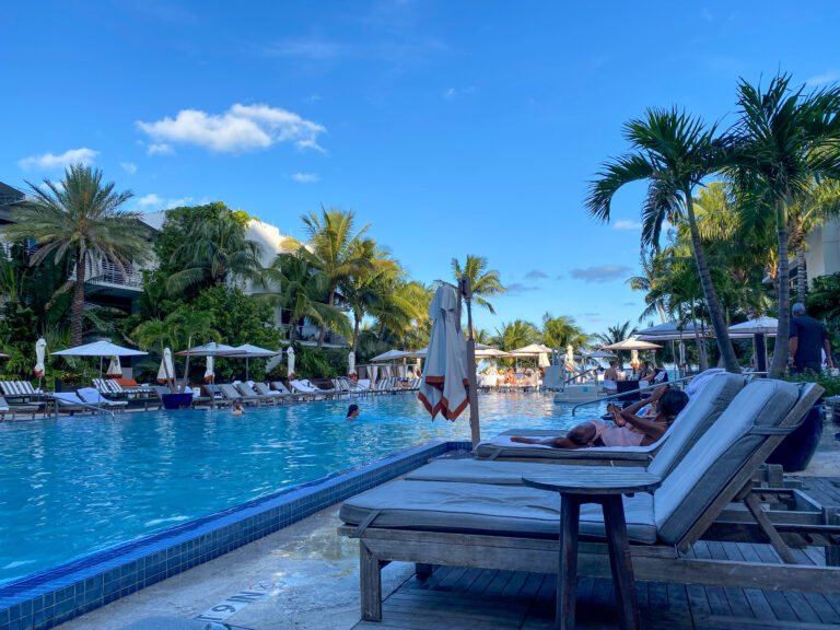 The pool running between palms and loungers under a clear sky