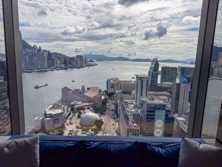 Heavy cloud over the harbour seen from the window seat