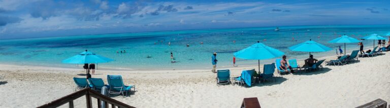Blue parasols and loungers ranged along the beach