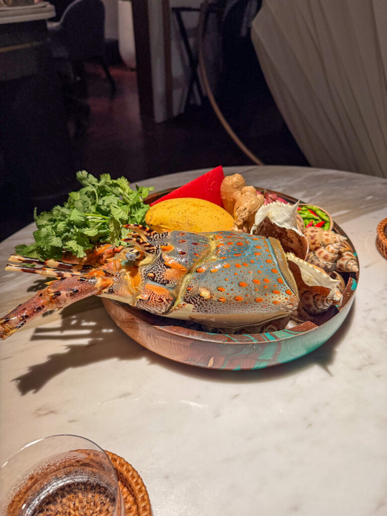 Greens, egg and shellfish on a glazed plate