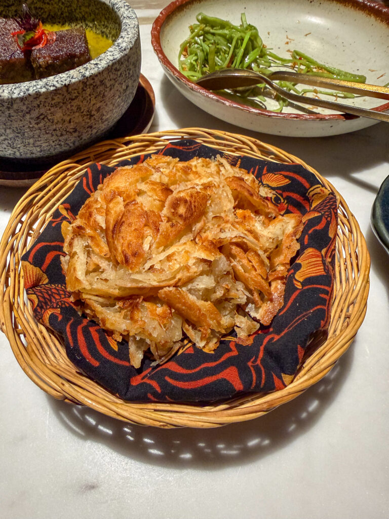 A crisp-fried course served in a woven basket
