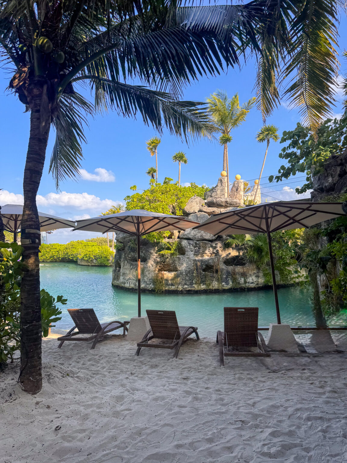 Sun loungers under the palms, the buildings across the inlet
