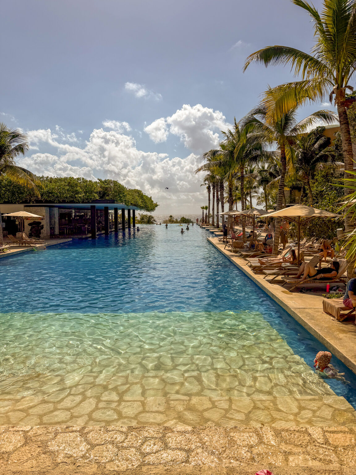 A long stone-edged pool running out towards the sea, palms and loungers down one side